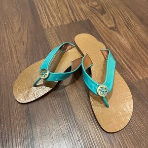 Tory Burch Thora Sandals Teal Leather Flip-Flops Gold Logo Size 9M